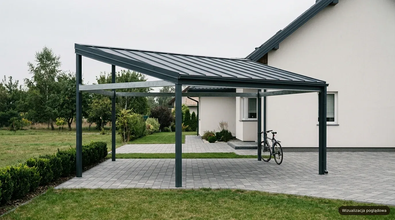 Wizualizacja poglądowa, wiata aluminiowa garażowa na wymiar, anthracyt RAL 7016, podjazd nowoczesnego domu jednorodzinnego, samochód pod zadaszeniem